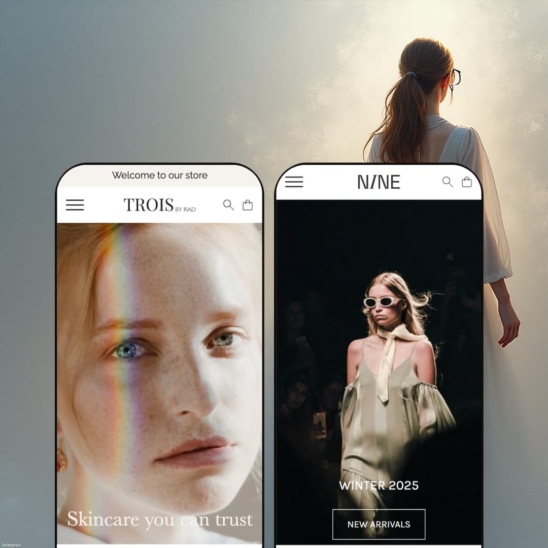 A composite image showing two different versions of the Rad Shopify theme by Radikal displayed on smartphone screens. Each screen showcases the theme's adaptation for different niches.