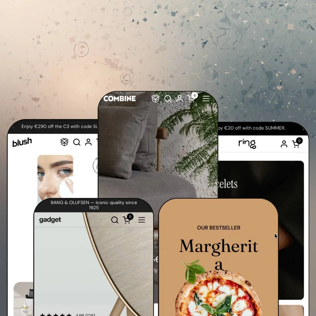 Combine Shopify theme presets in mobile view — Blush for beauty, Gadget for electronics, Combine for homeware, Bites for food, Ring for jewelry
