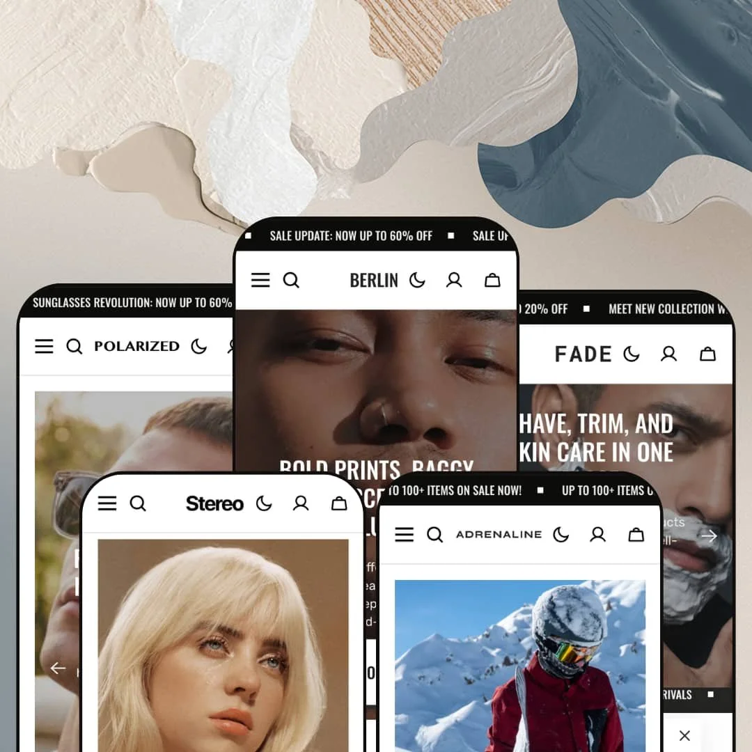 Berlin Shopify theme presets in mobile view — Berlin for apparel, Polarized for eyewear, Fade for grooming, Stereo for music, Adrenaline for sports