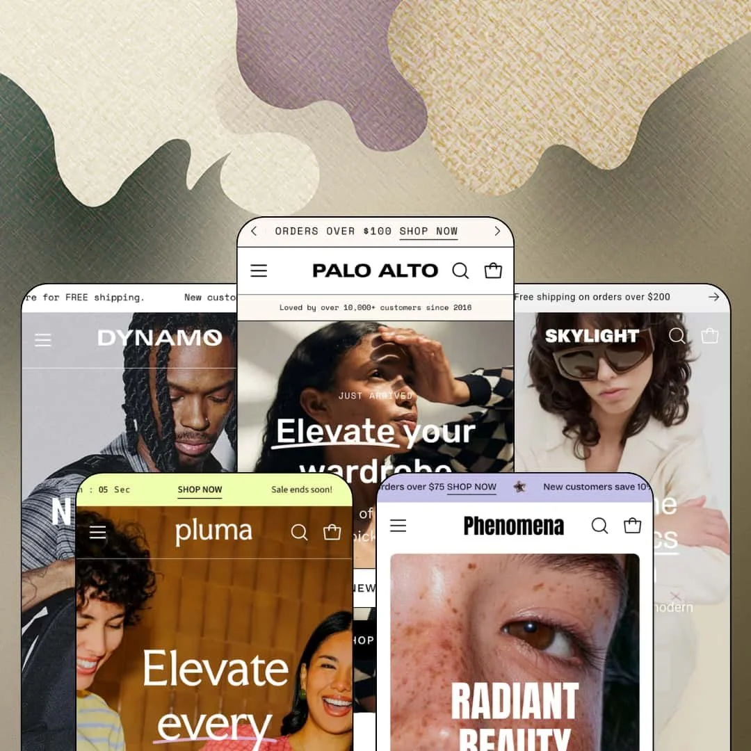 Palo Alto Shopify theme presets in mobile view — Dynamo for bags, Pluma for tableware, Palo Alto for apparel, Phenomena for beauty, Skylight for shoes