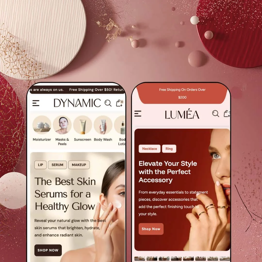 Dynamic Shopify theme mobile preview showing the Dynamic skincare preset and Lumea jewelry preset side by side.