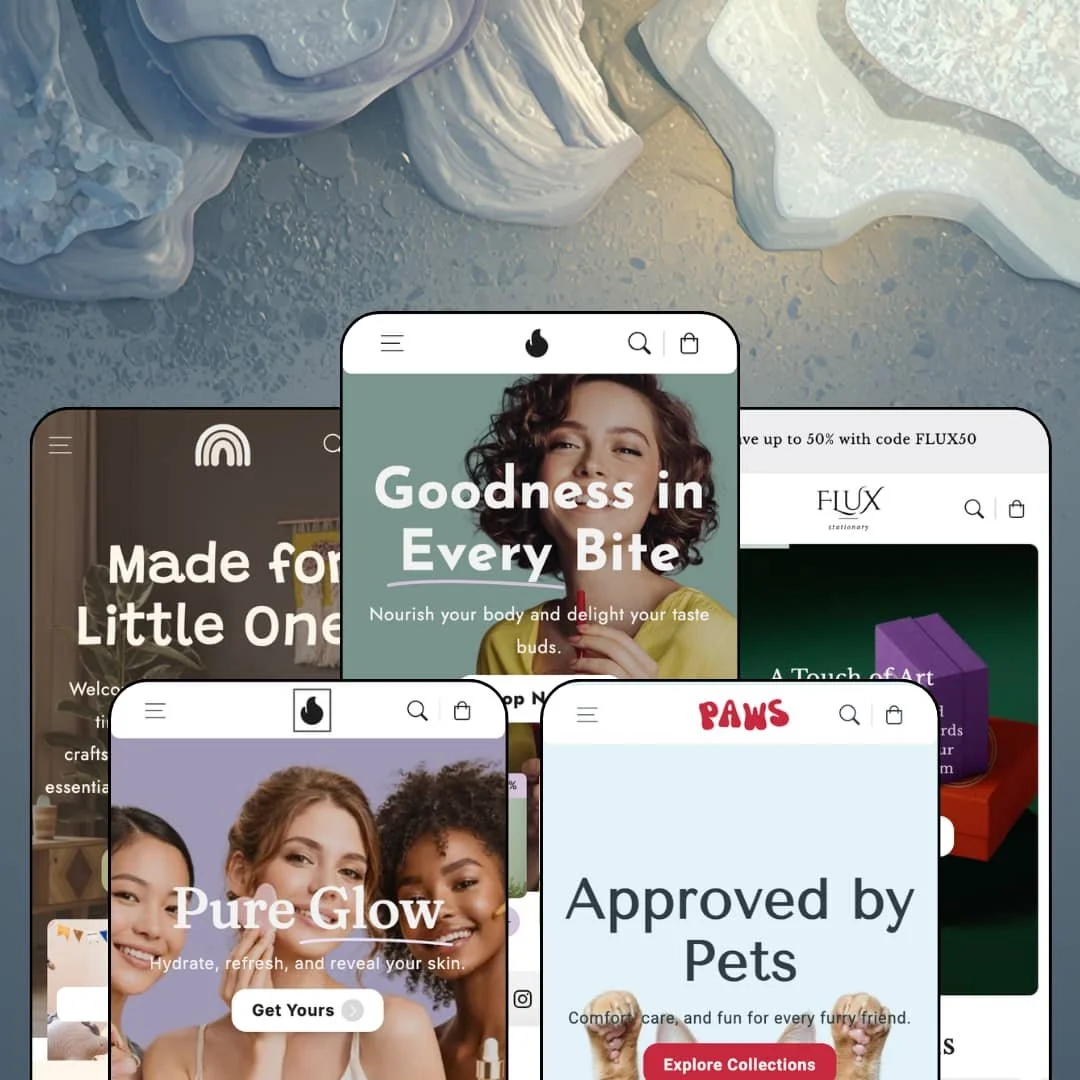 Flux Shopify theme presets in mobile view — Tinki for kids, Olivelle for beauty, Flux for food, Paws for pets, Scribbly for stationery