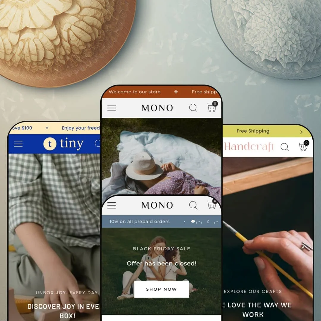 Mono Shopify theme presets in mobile view — Tiny for kids' toys, Mono for apparel, Folk for audio gear, Clay for handcrafted wall art.