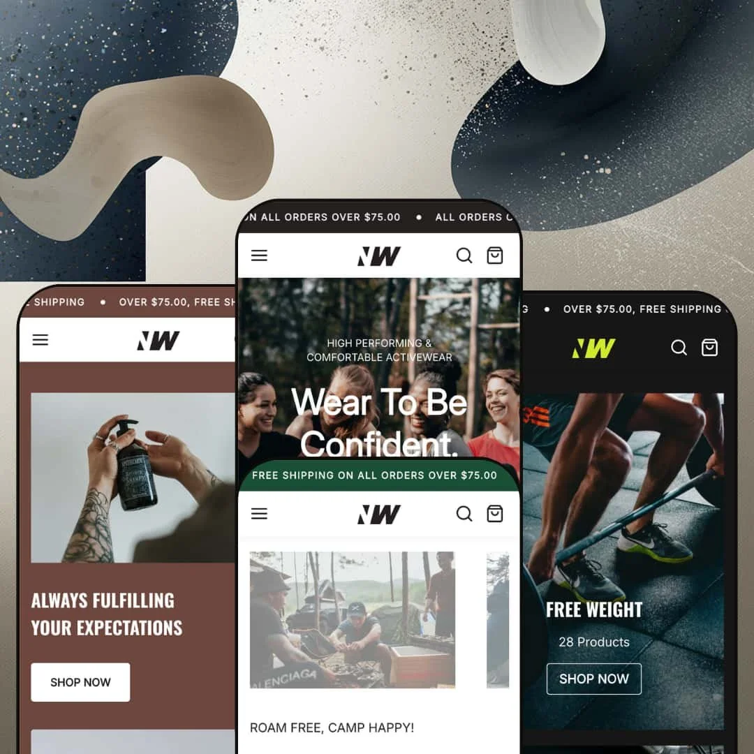 Neat Shopify theme presets in mobile view — Razor for grooming, Neat for activewear, Wilderness for camping, Limitless for fitness.