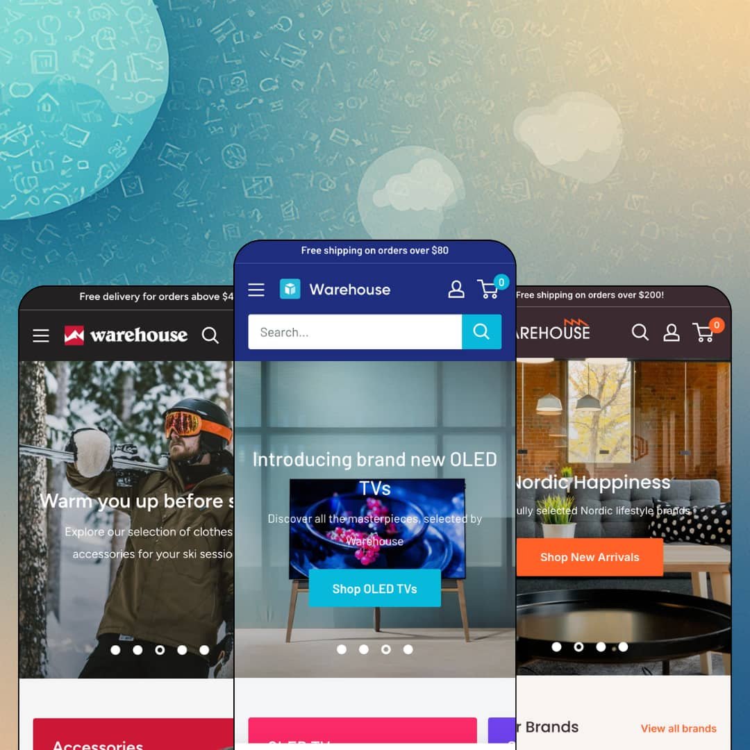 Warehouse Shopify theme presets in mobile view — Mesh for clothing and sports, Warehouse for electronics, Wood for home and office.