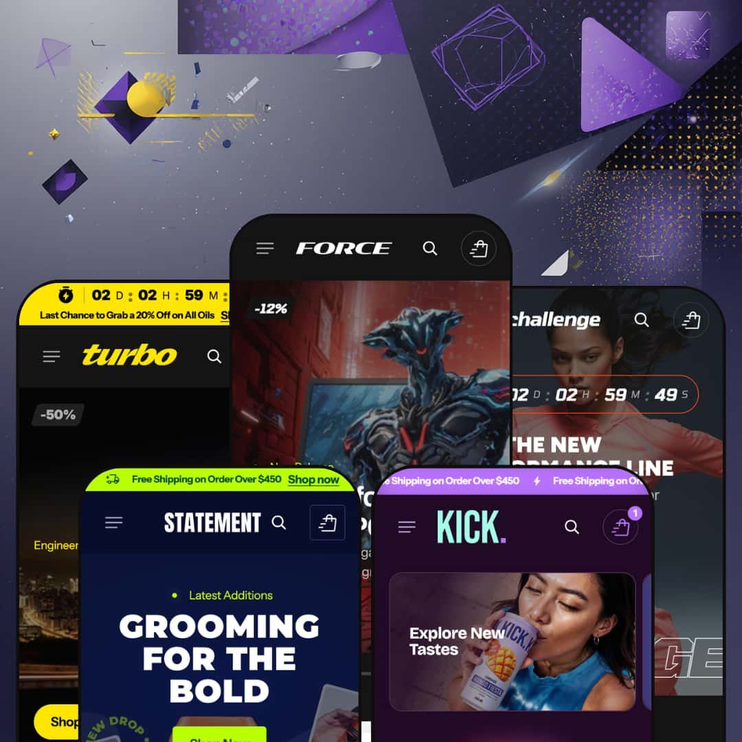 Force Shopify theme mobile previews showing all five presets: Force (gaming electronics), Turbo (automotive care), Statement (men's grooming), Kick (beverages), and Challenge (sportswear), each with distinct color palettes and hero layouts.