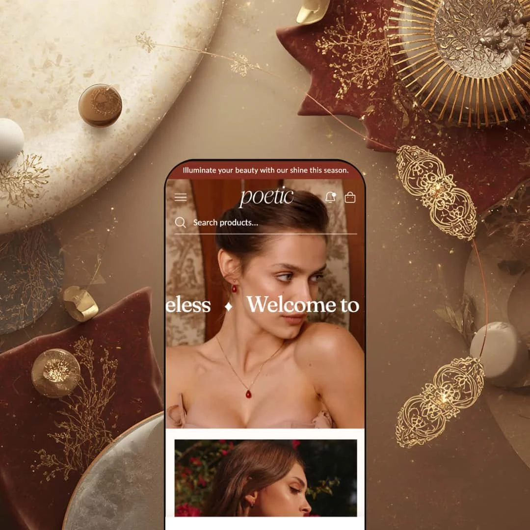 Poetic Shopify theme presets shown on a mobile device, displaying the jewelry storefront design with editorial photography, serif logo, and warm gold-and-cream palette