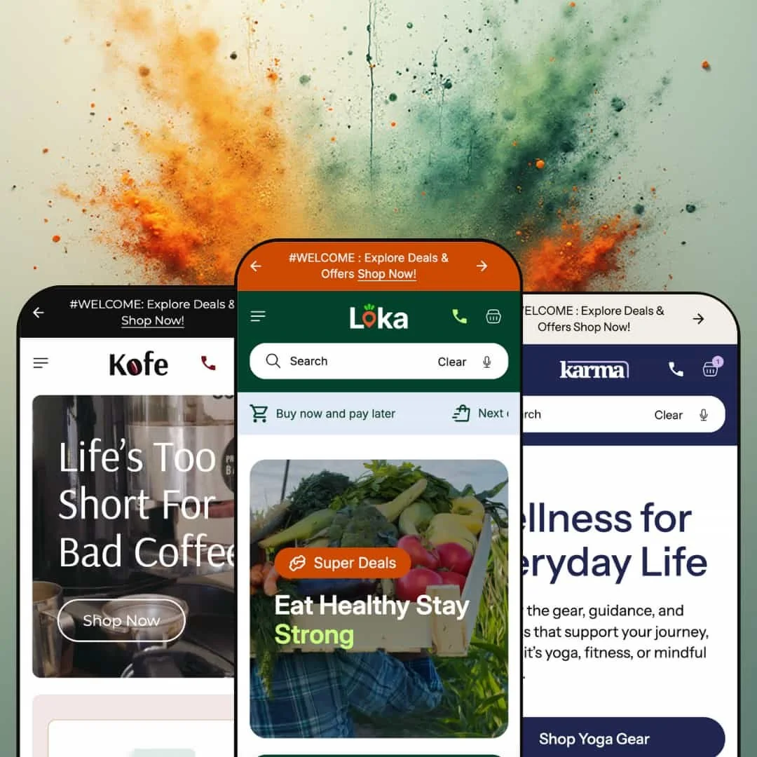 A composite image showing three different versions of the Loka Shopify theme by MUUP displayed on smartphone screens. Each screen showcases the theme's adaptation for different niches.