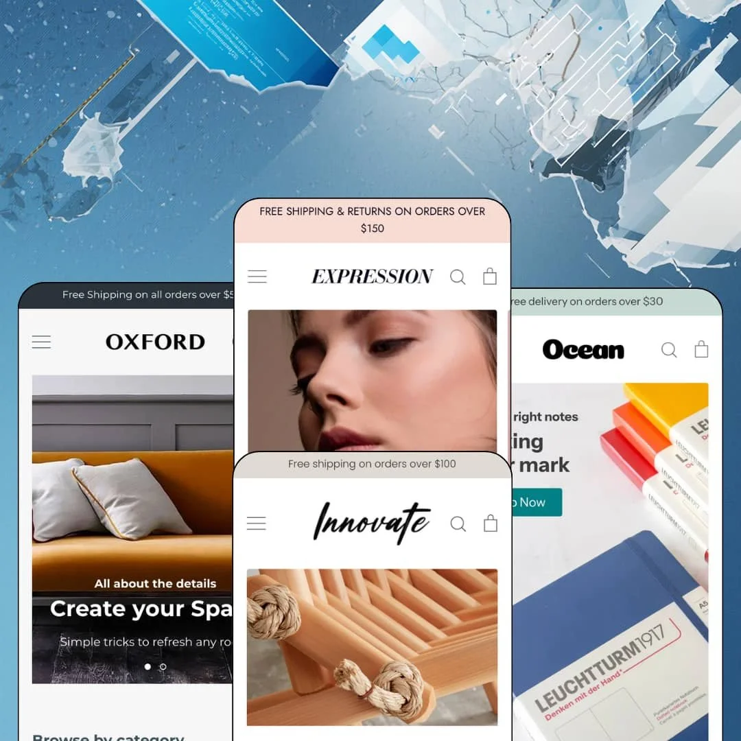 Expression Shopify theme presets in mobile view — Oxford for furniture, Expression for jewelry, Innovate for homeware, Ocean for stationery