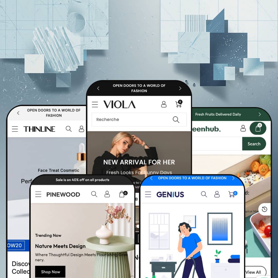 Viola Shopify theme presets in mobile view — Thinline for beauty, Pinewood for décor, Viola for fashion, Genius for services, Greenhub for grocery