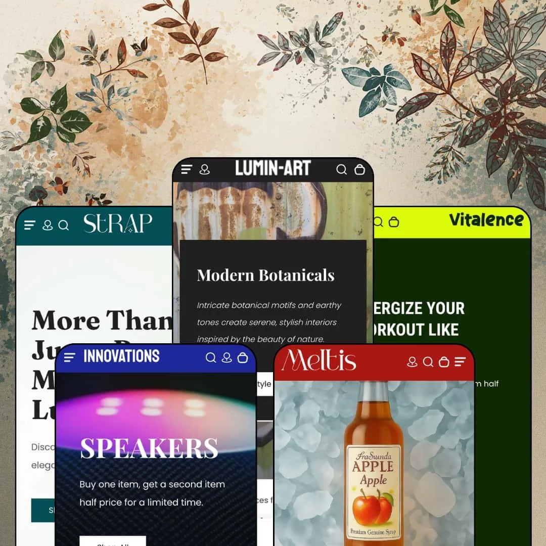 Lumin Shopify theme presets in mobile view — Strap for handbags, Innovations for electronics, Lumin for art, Meltis for drinks, Vital for supplements.