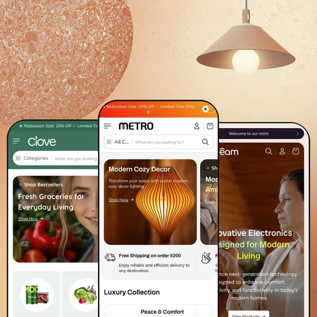 Metro Shopify theme mobile preview showing all three presets: Clove for grocery with green category navigation, Metro for home decor with warm lighting imagery, and Beam for electronics with a dark tech-forward layout.