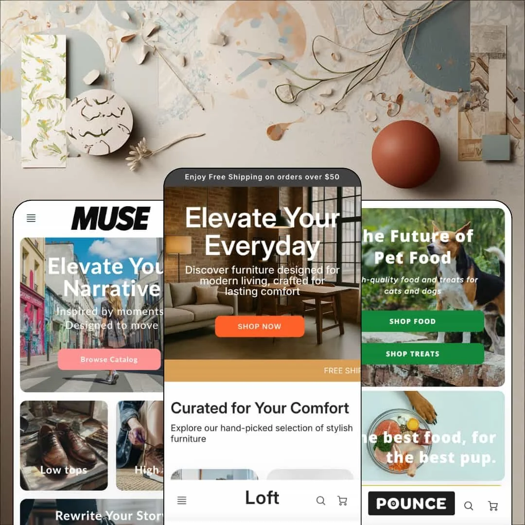 Loft Shopify theme presets in mobile view — Muse for footwear, Loft for furniture, Pounce for pet food.