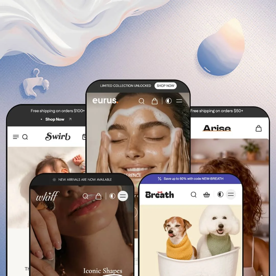 Eurus Shopify theme presets in mobile view — Swirl for baby and kids, Whiff for jewelry, Eurus for beauty, Breath for pet care, Arise for wellness