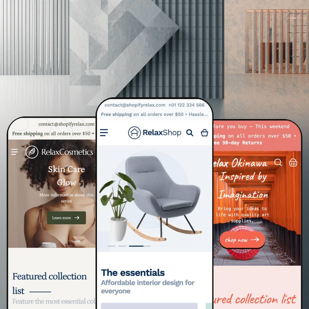 Relax Shopify theme presets in mobile view — Venus for beauty, Relax for furniture, Okinawa for art and craft supplies.
