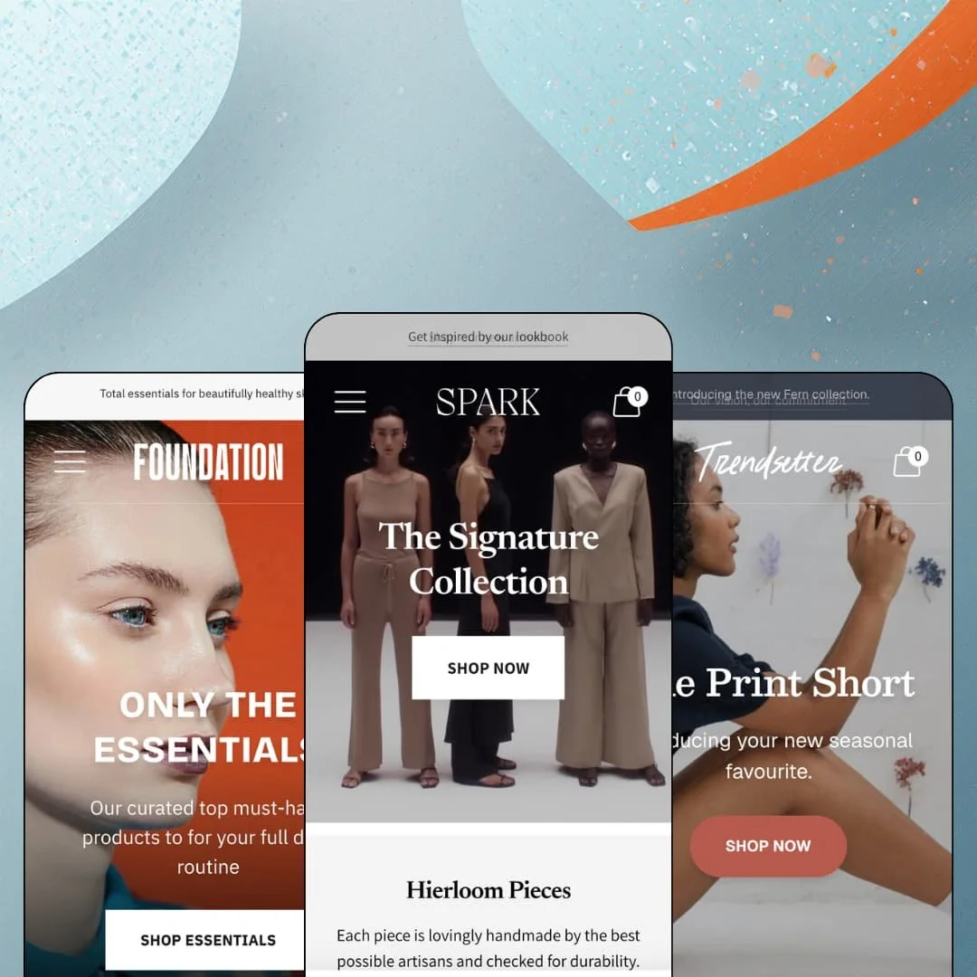 Spark Shopify theme presets in mobile view — Foundation for beauty, Spark for fashion, Trendsetter for womenswear