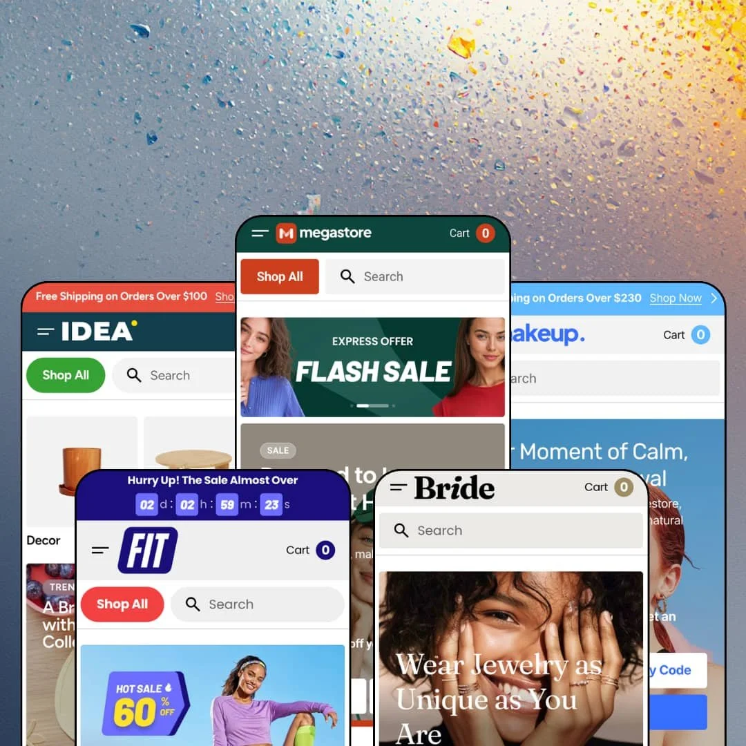 Megastore Shopify theme presets in mobile view — Idea for home decor, Fit for sportswear, Megastore for fashion, Bride for jewelry, Makeup for beauty