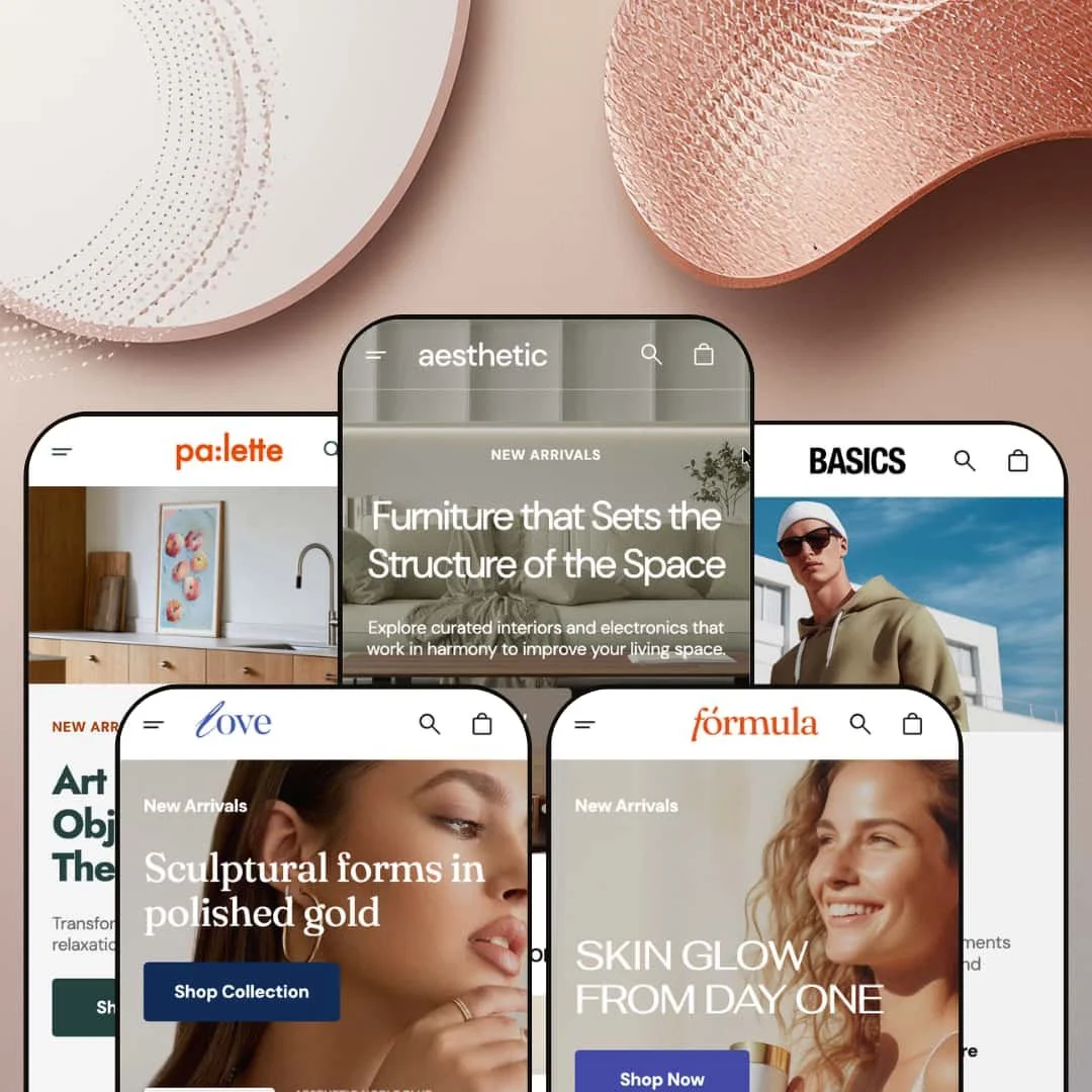 Aesthetic Shopify theme presets in mobile view — Palette for art, Love for jewelry, Aesthetic for furniture, Formula for skincare, Basics for apparel.