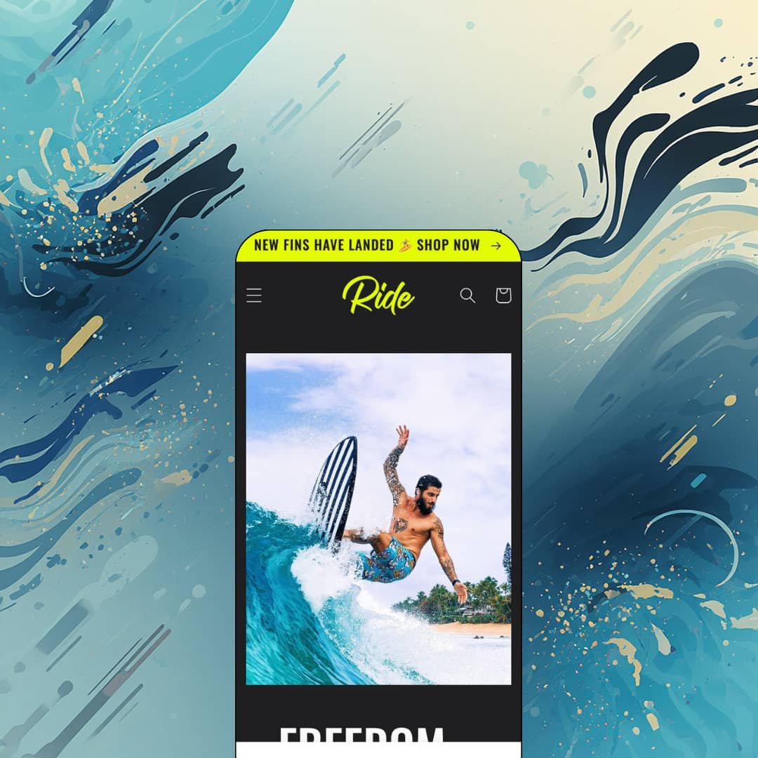 Ride Shopify theme mobile preview — single surf and sports preset with a full-width surfer hero under a neon announcement bar.