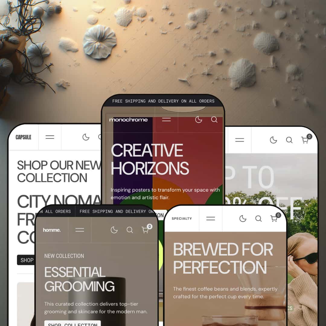 A composite image showing five different versions of the Monochrome Shopify theme by Superfine displayed on smartphone screens. Each screen showcases the theme's adaptation for different niches.