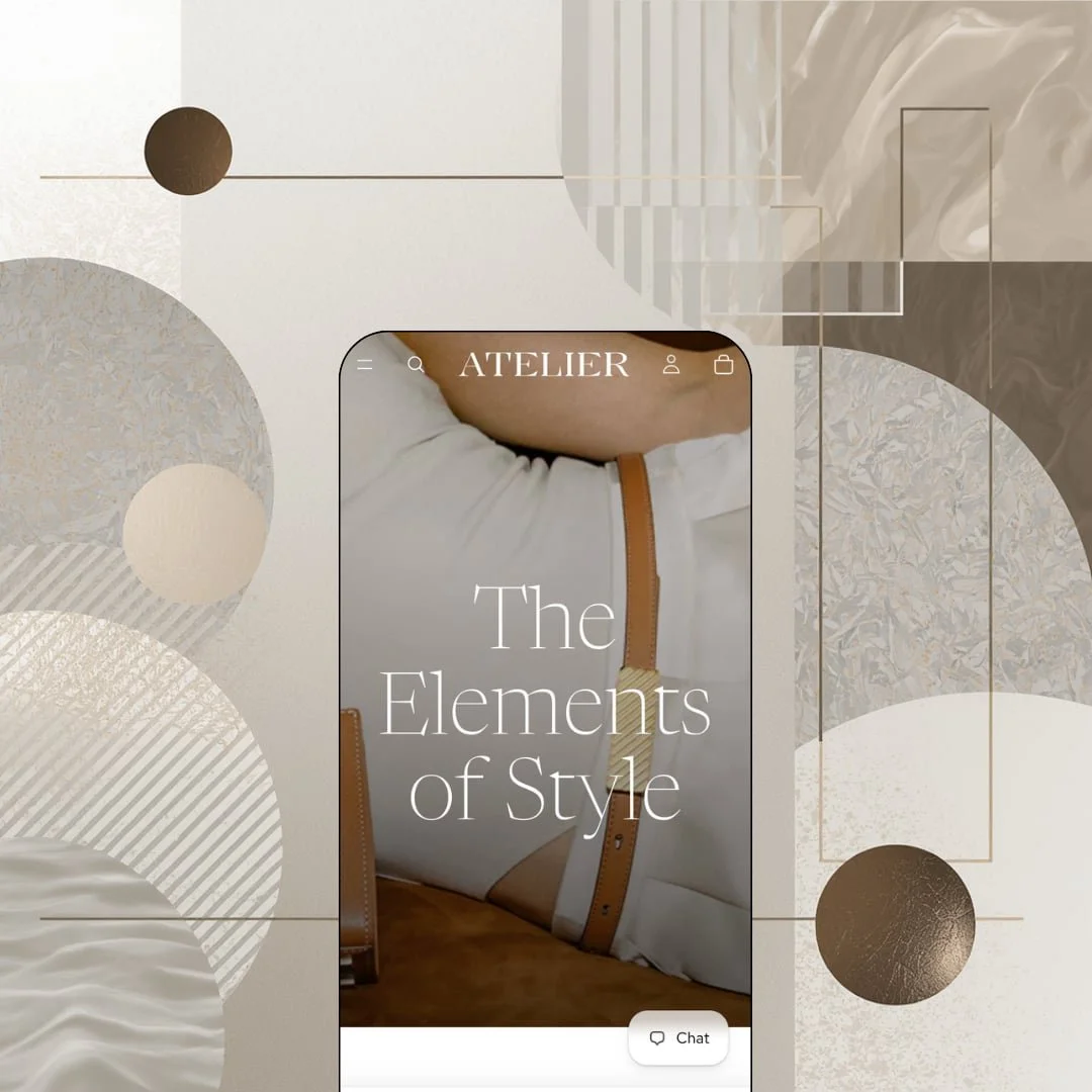 Atelier Shopify theme mobile preview — single leather accessories preset with a full-bleed belt hero under a serif statement headline.