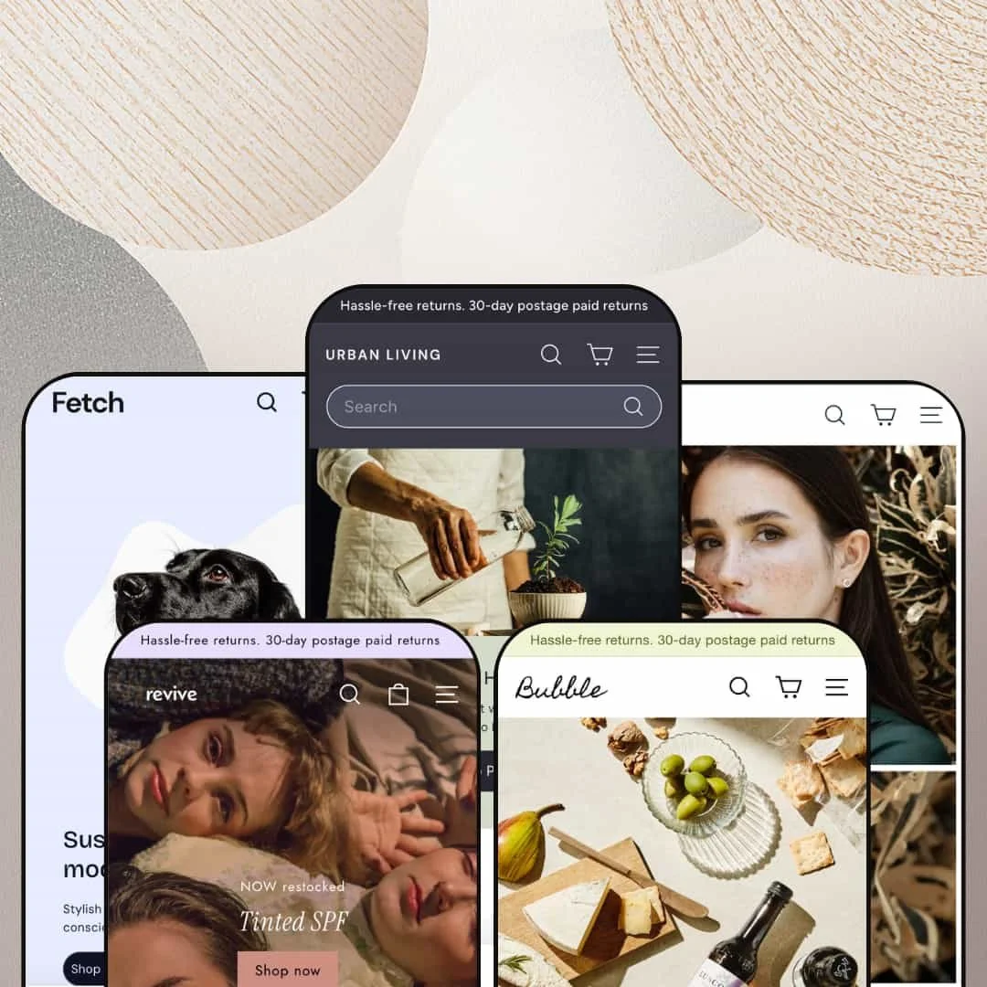 Expanse Shopify theme presets in mobile view — Fetch for pet accessories, Revive for beauty, Expanse for home décor, Spritz for food & drink.