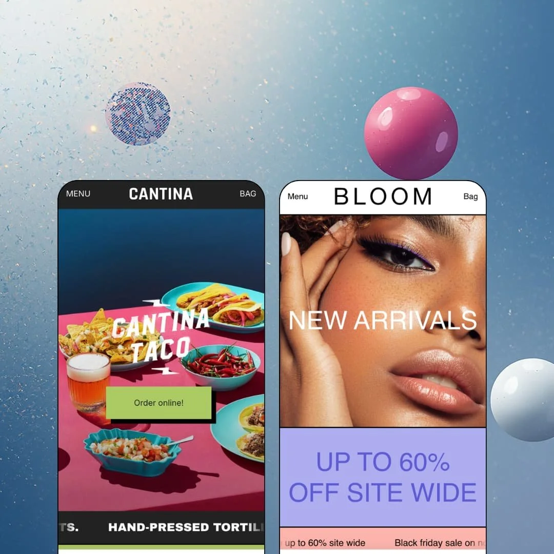 Maker Shopify theme presets in mobile view — Maker for a taco restaurant, Bloom for beauty