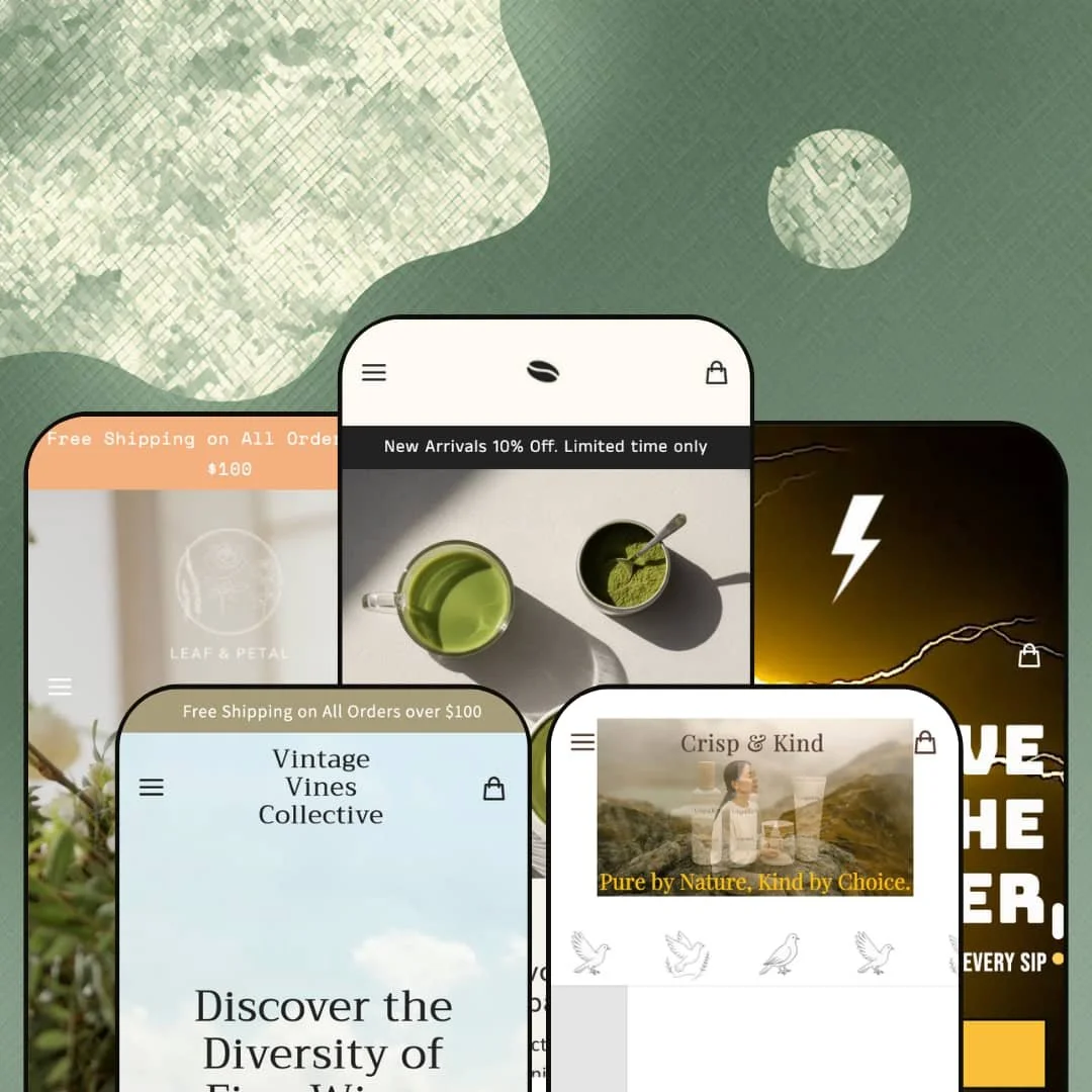 Vincent Shopify theme presets in mobile view — Bouquet for florists, Oakland for wineries, Vincent for cafés, Nurture for skincare, Pint for breweries.