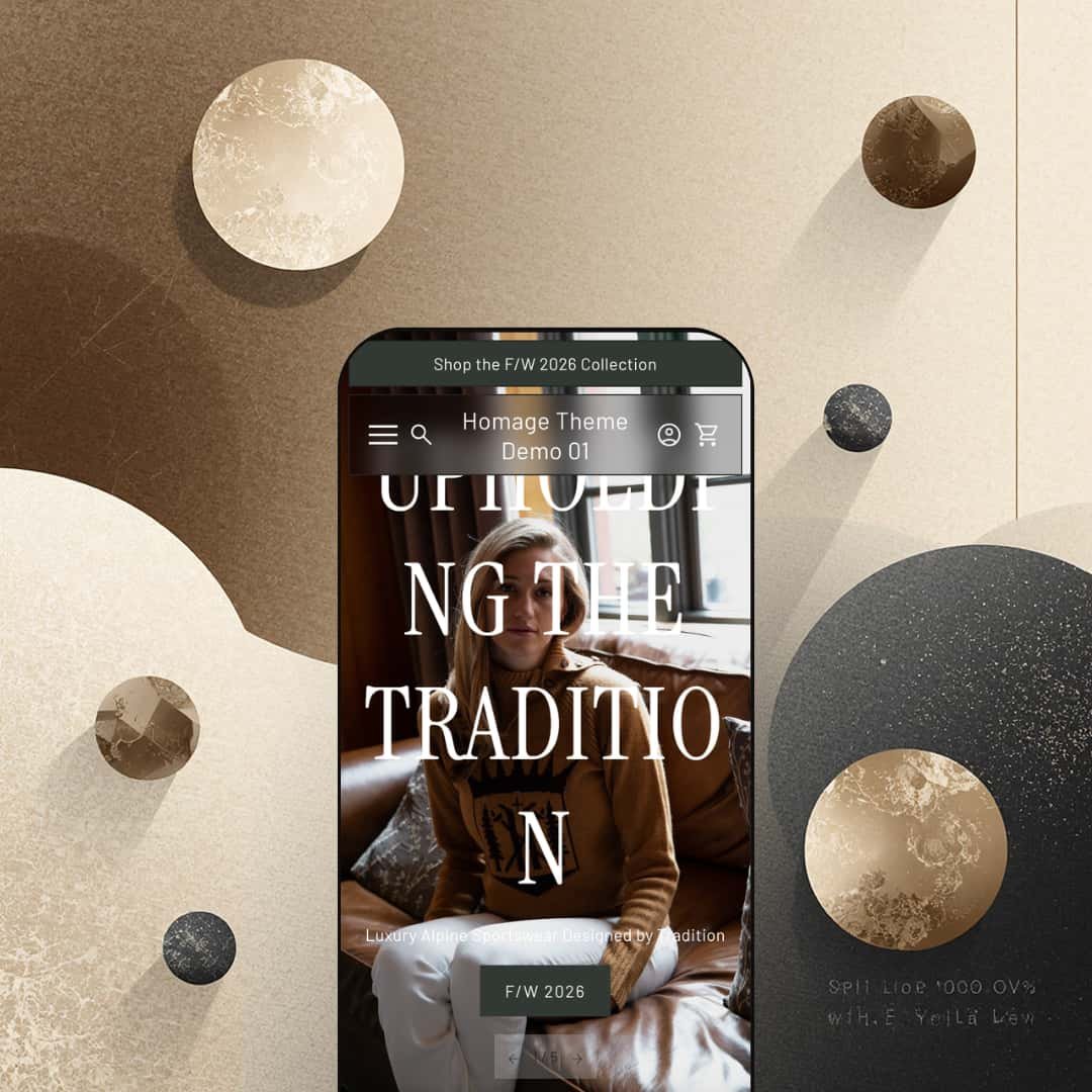 Homage Shopify theme displayed on a mobile phone showing the editorial hero section with lifestyle photography and serif typography