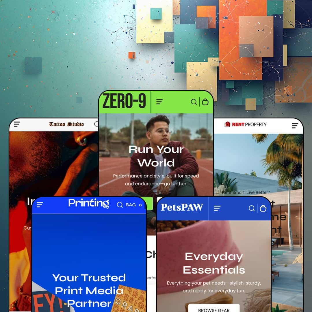 Zero Shopify theme presets in mobile view — Tattoo for studios, Printing for print shops, Zero for footwear, Wag for pet toys, Property for rentals