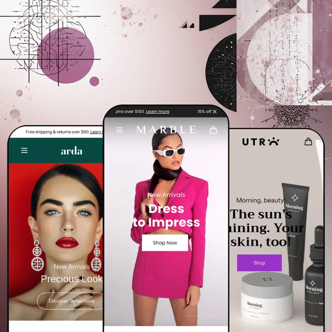 Marble Shopify theme presets in mobile view — Arda for jewelry, Marble for fashion, Utro for skincare