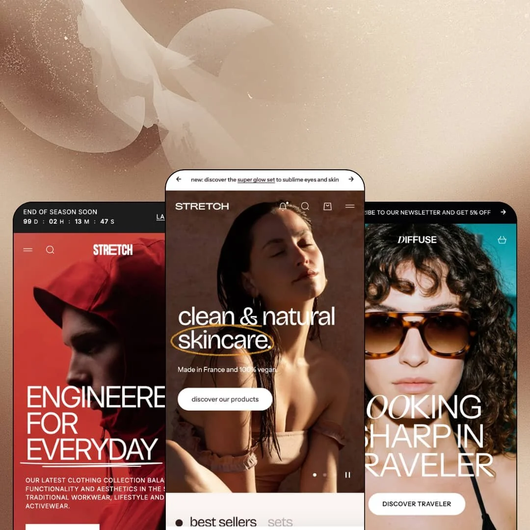 Stretch Shopify theme presets in mobile view — Snow for apparel, Stretch for beauty, Diffuse for eyewear.