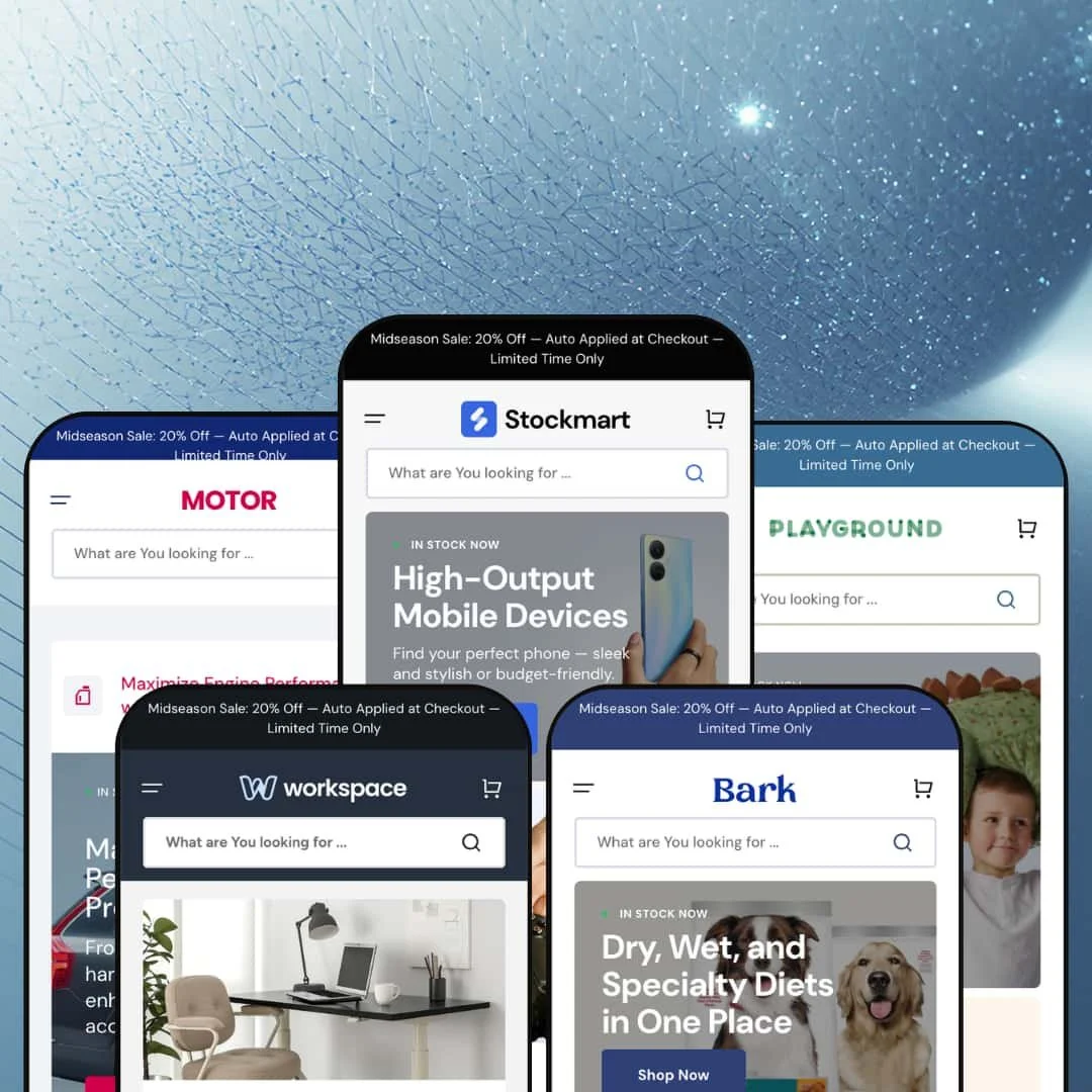 Stockmart Shopify theme presets in mobile view — Motor for auto parts, Workspace for office, Stockmart for electronics, Bark for pets, Playground for kids.