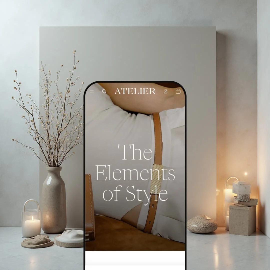 A composite image showing one version of the Atelier Shopify theme by Shopify displayed on smartphone screens. Each screen showcases the theme's adaptation for different niches.