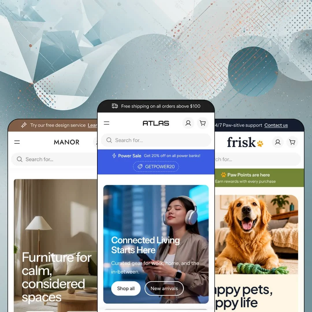 Atlas Shopify theme presets in mobile view — Manor for furniture, Atlas for electronics, Frisk for pet supplies