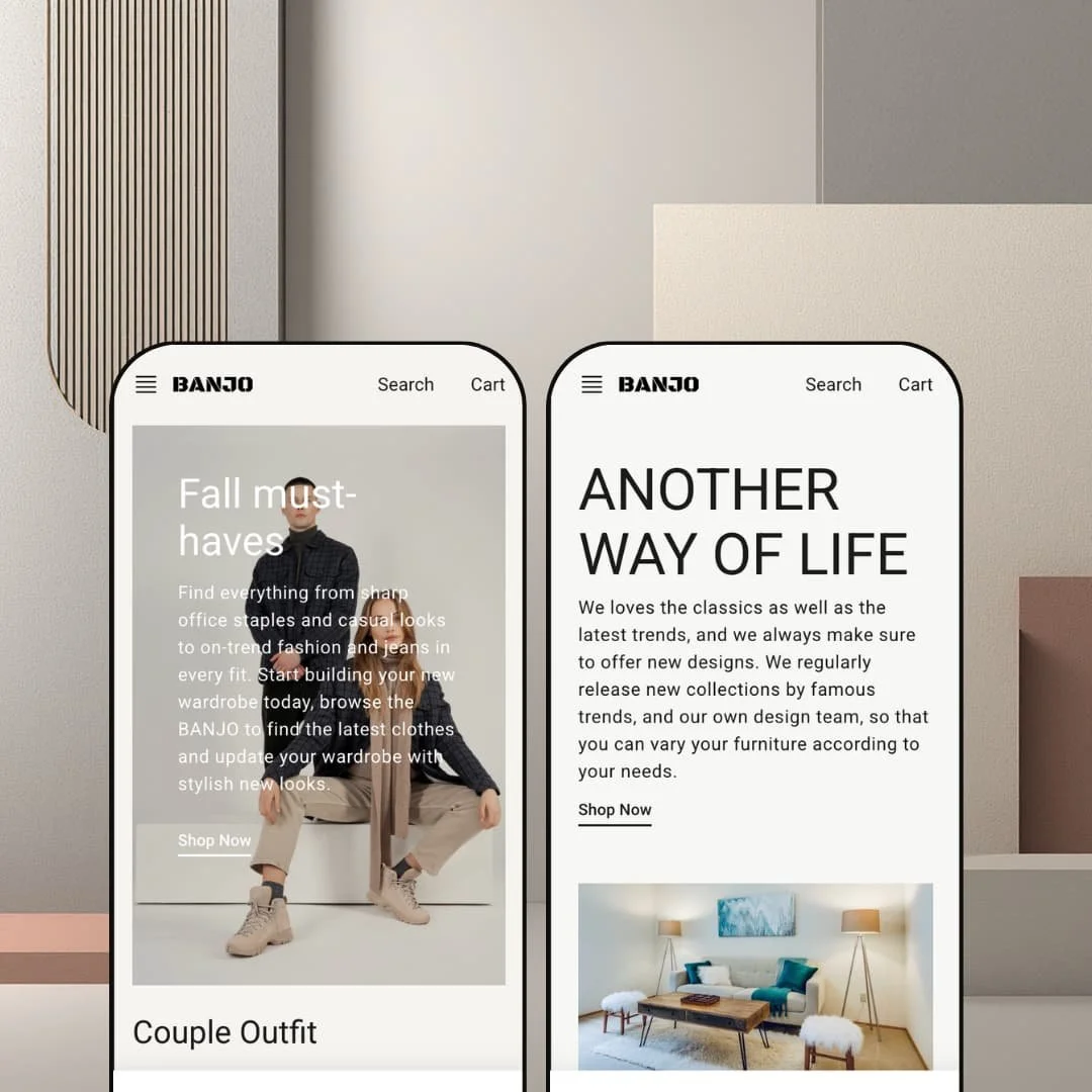 Banjo Shopify theme presets in mobile view — Banjo for fashion, Maverick for furniture.