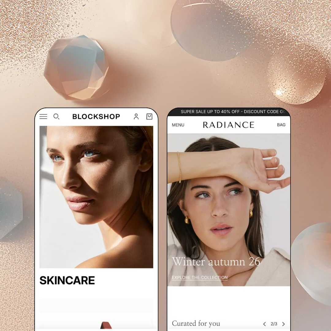 Blockshop Shopify theme presets in mobile view — Blockshop for beauty and skincare, Radiance for fine jewelry