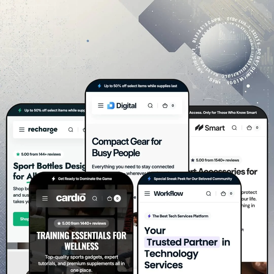 Digital Shopify theme presets in mobile view — Recharge for water bottles, Cardio for fitness, Digital for electronics, Workflow for tech services, Smart for accessories