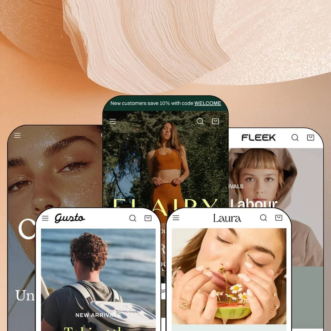 Zest Shopify theme presets in mobile view — Cosmo for skincare, Gusto for bags, Zest for activewear, Laura for jewelry, Fleek for apparel.