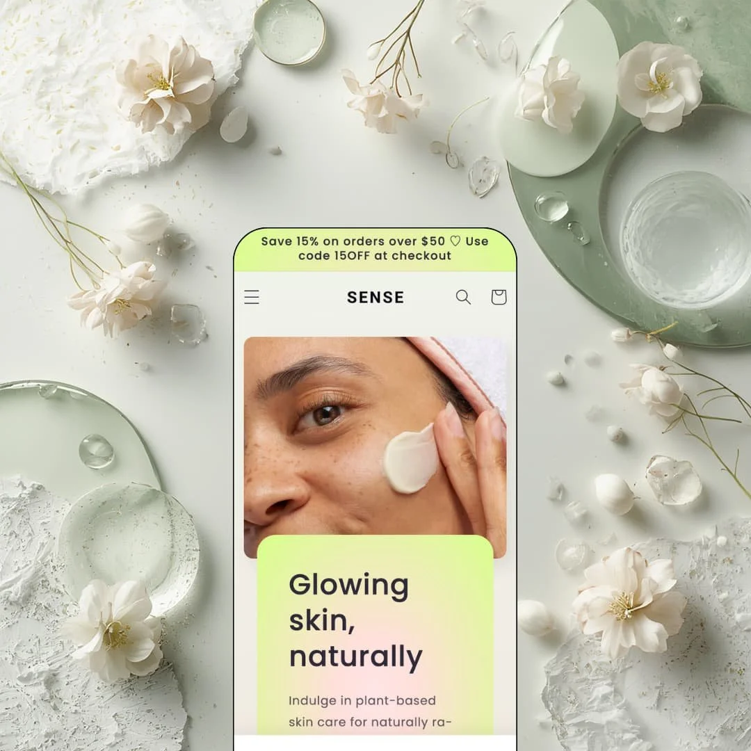 Sense Shopify theme mobile preview — single skincare preset with a gradient headline panel overlapping the hero photo.