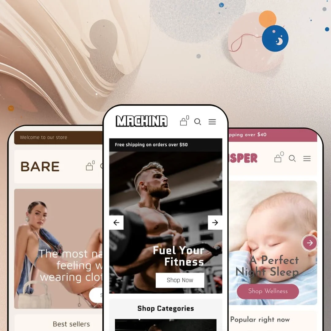 Machina Shopify theme presets in mobile view — Bare for apparel, Machina for fitness supplements, Whisper for baby care
