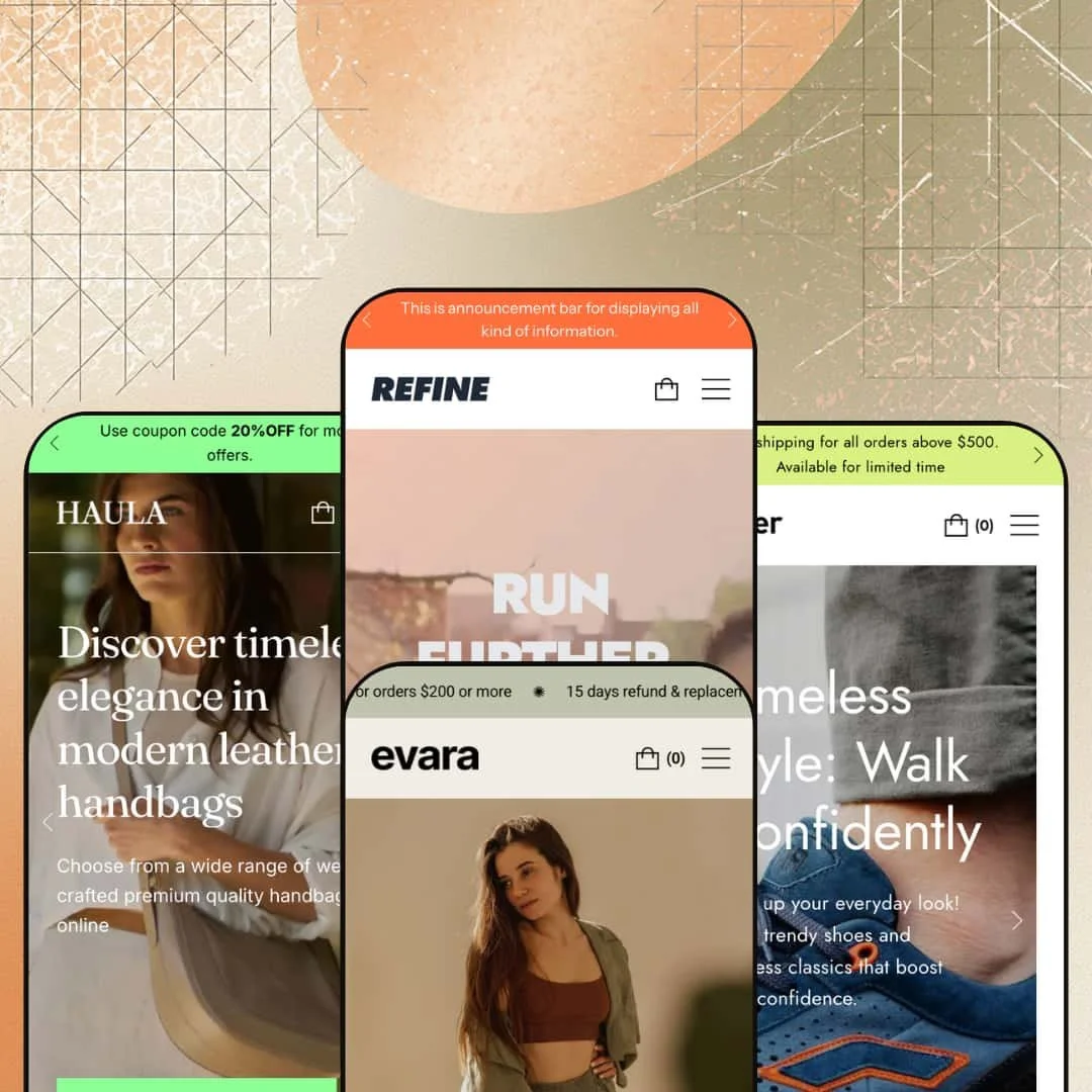 Refine Shopify theme presets in mobile view — Haula for handbags, Refine for activewear, Evara for apparel, Hipster for footwear