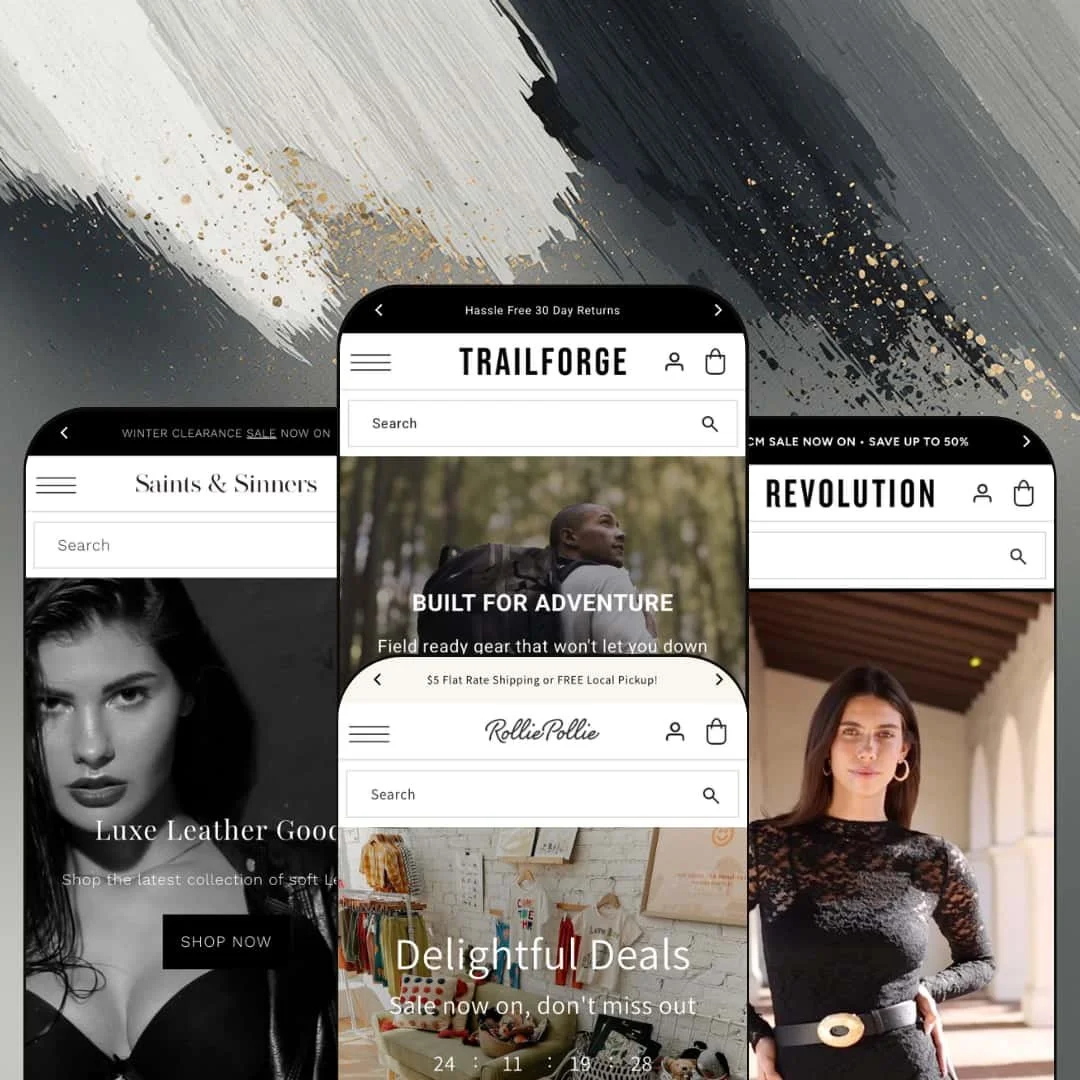 Drop Shopify theme presets in mobile view — Unveil for fashion, Drop for outdoor gear, Flash for kids, Reveal for womenswear
