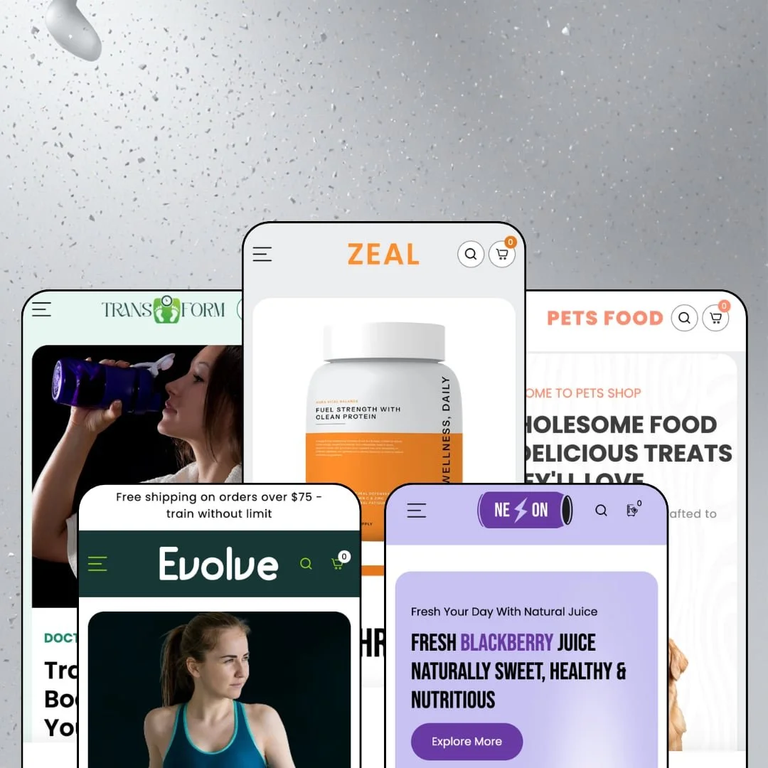 Zeal Shopify theme presets in mobile view — Transform for weight loss, Evolve for activewear, Zeal for supplements, Pulse for drinks, Petzen for pets