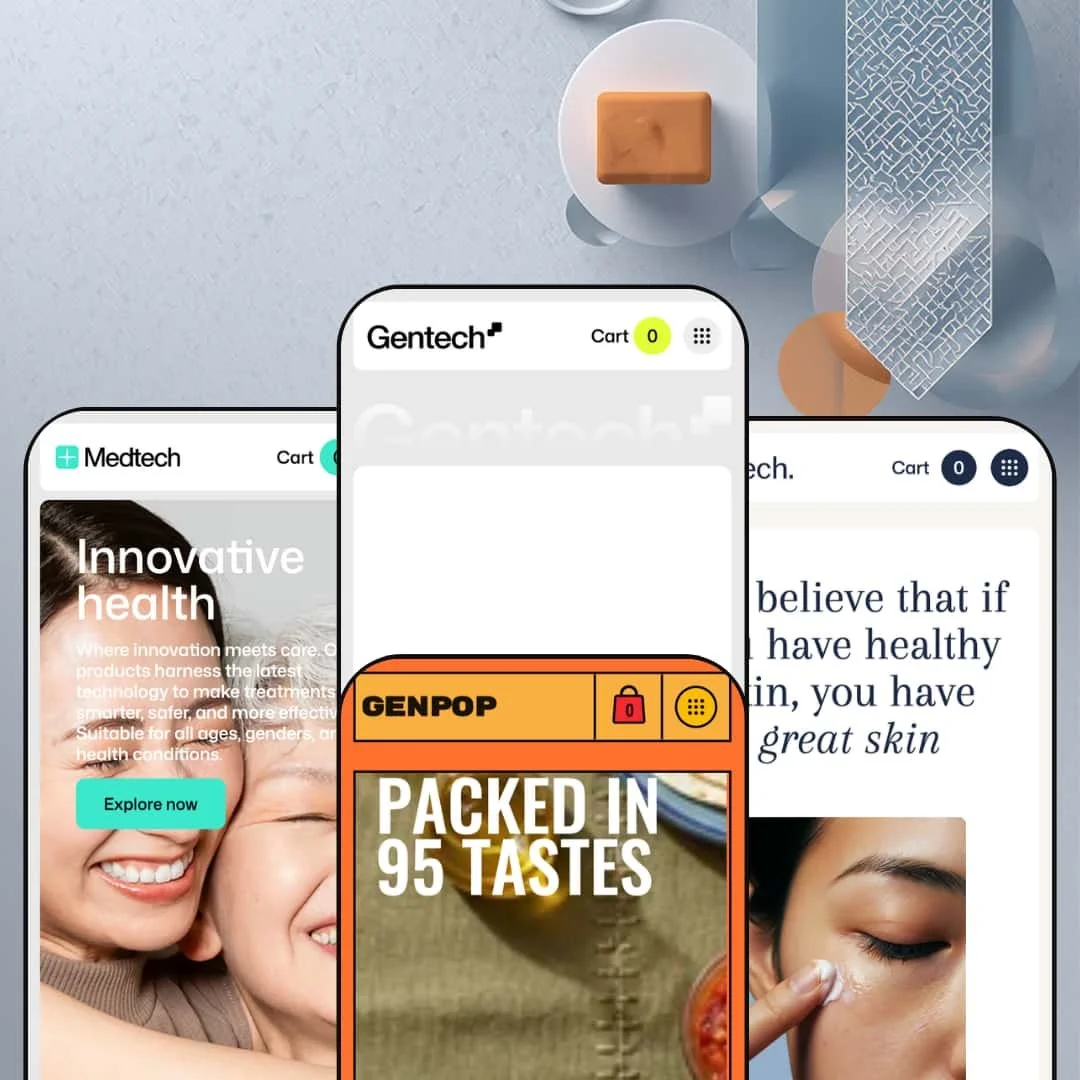 Mobile views of all four Gentech Shopify theme presets: Medtech, Gentech, Cooktech, and Beautech, each showing a different product vertical and color palette.