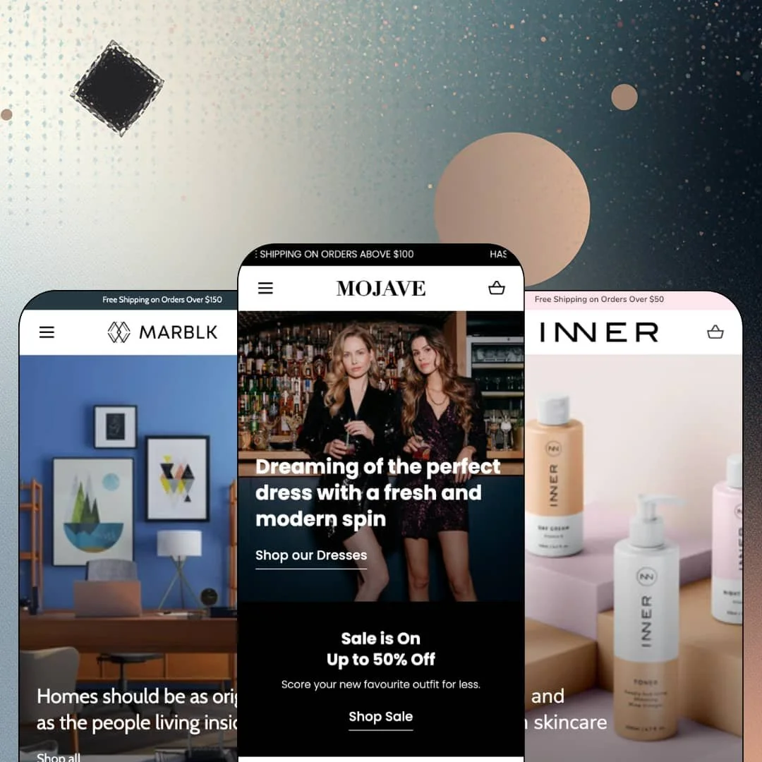 Mojave Shopify theme presets in mobile view — Atna for furniture, Mojave for fashion, Inner for skincare