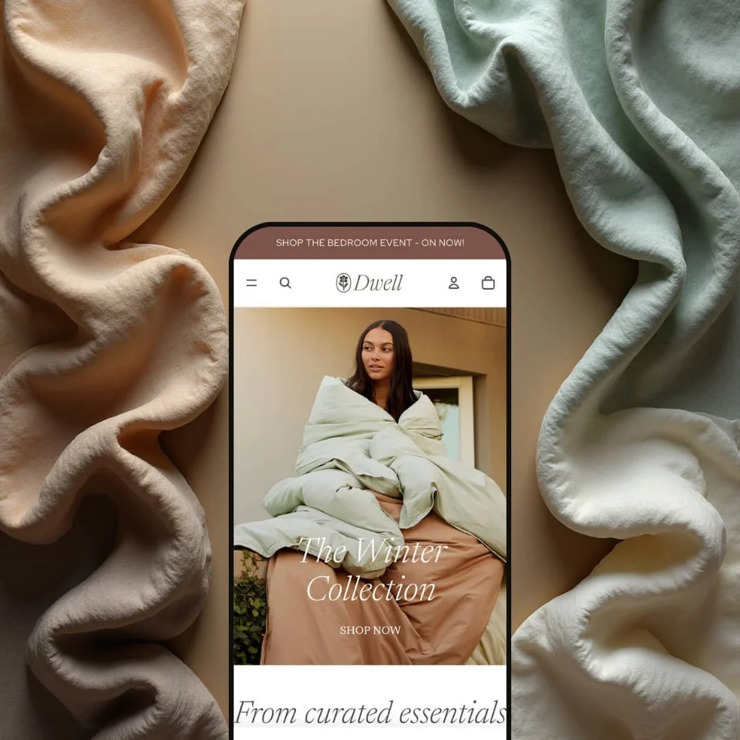 A composite image showing one version of the Dwell Shopify theme by Shopify displayed on smartphone screens. Each screen showcases the theme's adaptation for different niches.