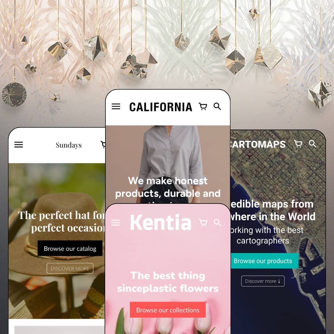 California Shopify theme presets in mobile view — Lane for hats, California for apparel, Anthologist for art prints, Disruptor for map prints.