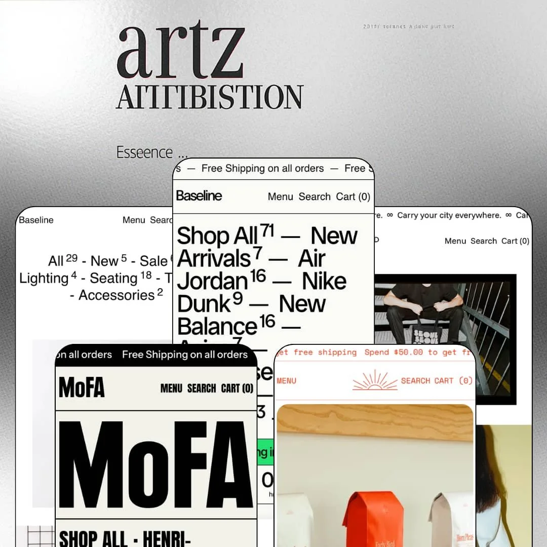 Baseline Shopify theme presets in mobile view — Austere for furniture, Brutalist for art, Baseline for sneakers, Press for coffee, Courier for totes