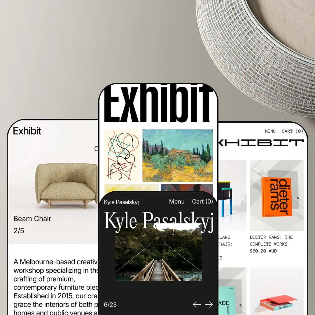 Exhibit Shopify theme presets in mobile view — Display for furniture, Exhibit for fine art, Exposure for photography, Curate for design objects.